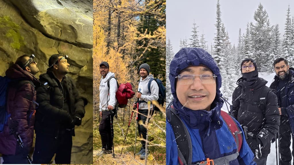 Collage of Duronto Hikers exploring a cave, hiking among golden larch trees, and trekking in the snow