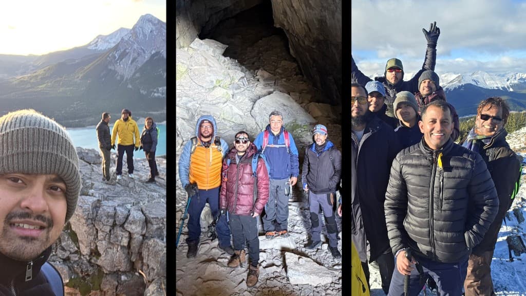 Collage of Duronto Hikers at an alpine lake, in a rocky cave, and celebrating on a snowy mountain summit