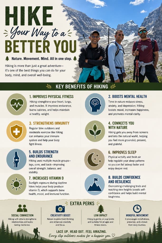 Hike Your Way to a Better You infographic: physical fitness, mental health, immunity, nature connection, strength, sleep, vitamin D, confidence, and extra perks of hiking