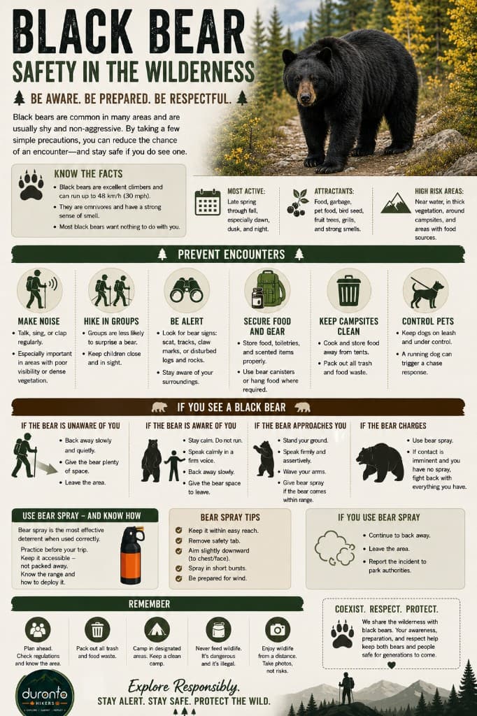 Black Bear Safety in the Wilderness infographic: know the facts, prevent encounters, what to do if you see a black bear, bear spray guidance, and coexistence tips