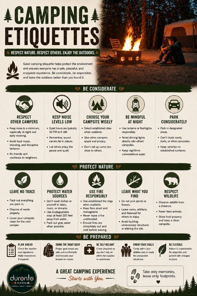 Camping Etiquettes infographic: be considerate, protect nature, be prepared — respect campers, noise, campsites, Leave No Trace, fire safety, wildlife, and planning