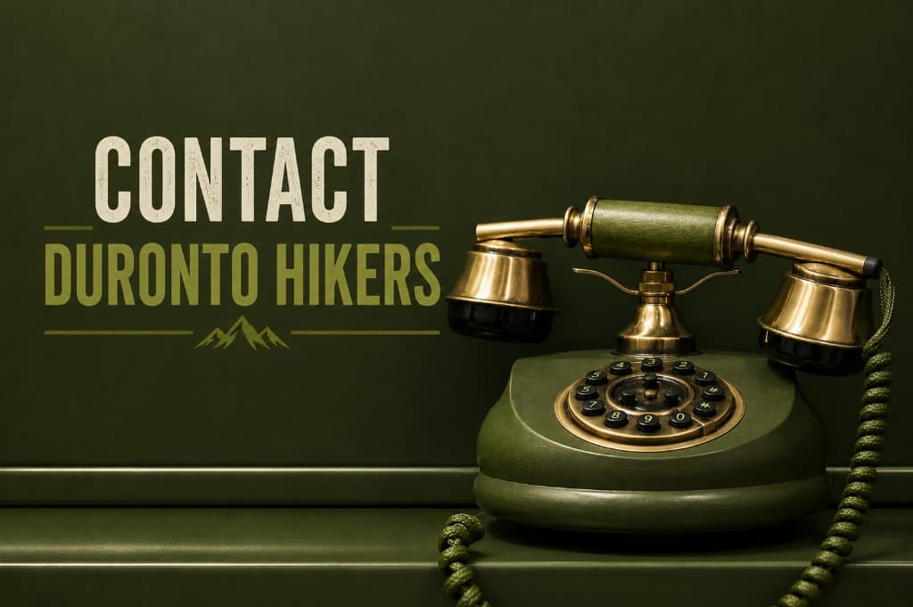 Contact Duronto Hikers — vintage rotary telephone with brand text on olive green background