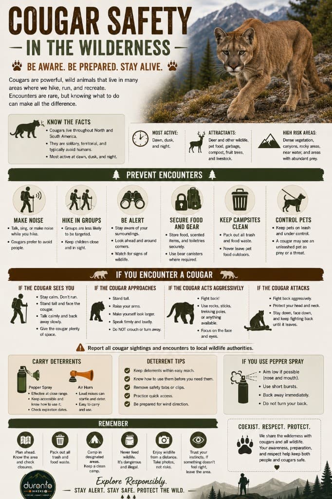 Cougar Safety in the Wilderness infographic: know the facts, prevent encounters, what to do if you encounter a cougar, deterrents and pepper spray, and coexistence tips