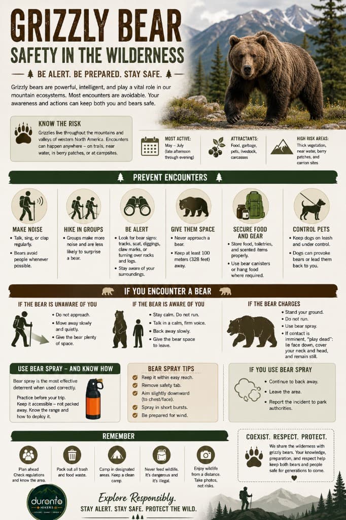 Grizzly Bear Safety in the Wilderness infographic: know the risk, prevent encounters, what to do if you encounter a bear, bear spray instructions, and coexistence tips