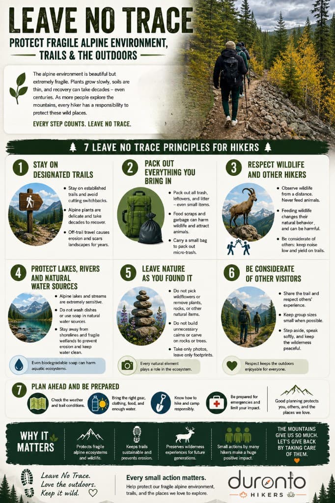 Leave No Trace infographic: protect fragile alpine environments — stay on trails, pack out trash, respect wildlife, protect water, leave nature as found, be considerate, and plan ahead