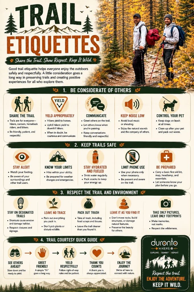 Trail Etiquettes infographic: be considerate of others, keep trails safe, respect the trail and environment, and trail courtesy quick guide