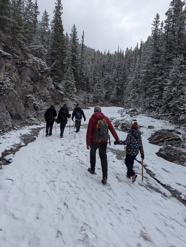 Hikers walking hand in hand along a snow-covered forest trail on an overcast winter day